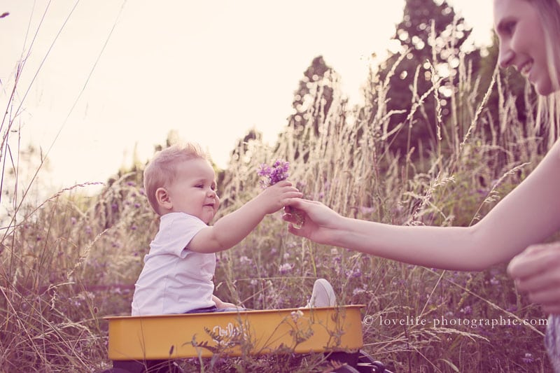 bebe dans chariot jaune vintage donne fleur a sa maman