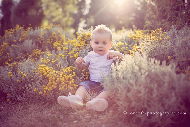 bebe assis dans les fleurs champetres